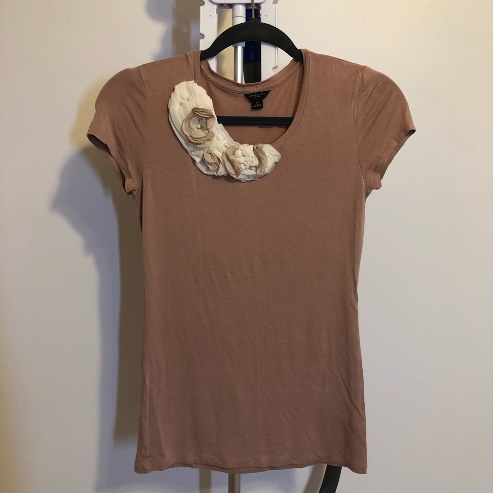 Ann Taylor Short Sleeve Blouse with Fabric Flowers